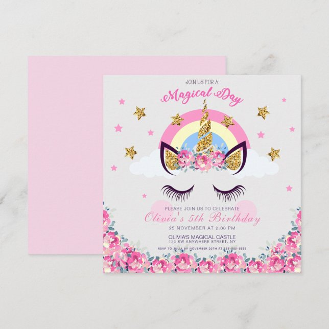 Einhorn-Blütenblatt am 5. Geburtstag Einladung (Vorne/Hinten)