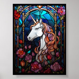 Einhorn-Buntglas-Kunst mit magischen Rosen Poster
