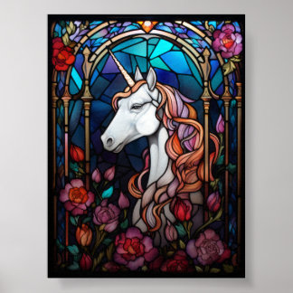 Einhorn-Buntglas-Kunst mit magischen Rosen Poster