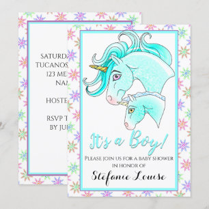 Einhorn Cartoon Blue Daple Es ist ein Junge! Einladung
