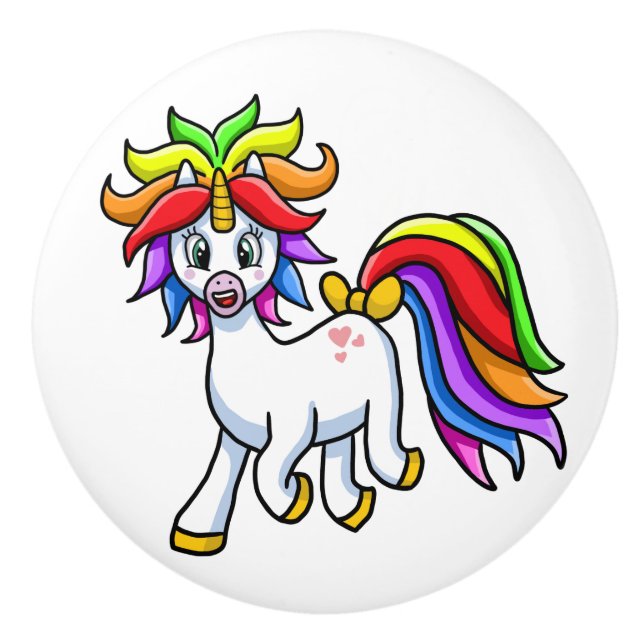 Einhorn-Cartoon-Fantasy-Design mit Regenbogen Keramikknauf (Vorderseite)