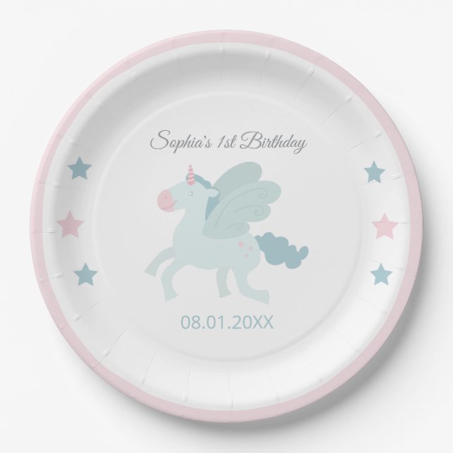 Einhorn Cute Pink Blau Danke Geburtstag  Pappteller (Vorderseite)