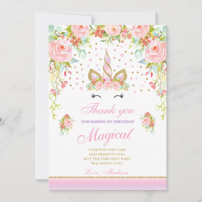 Einhorn danken Ihnen, rosa Goldmagisches Einhorn Dankeskarte (Vorderseite)