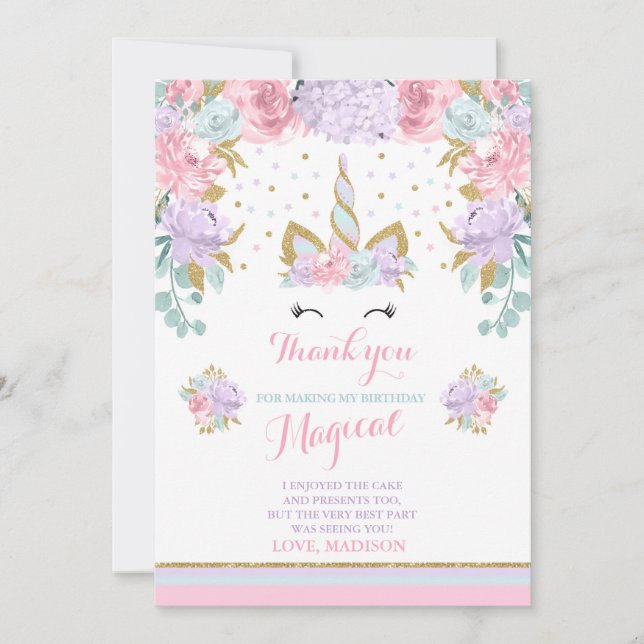 Einhorn danken Ihnen, rosa Goldmagisches Einhorn Dankeskarte (Vorderseite)