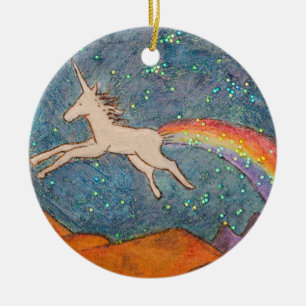 Einhorn, der einen Regenbogen in den Himmel fegt Keramik Ornament