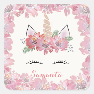 Einhorn, Einhorngesicht, personalisiert, mädchenha Quadratischer Aufkleber