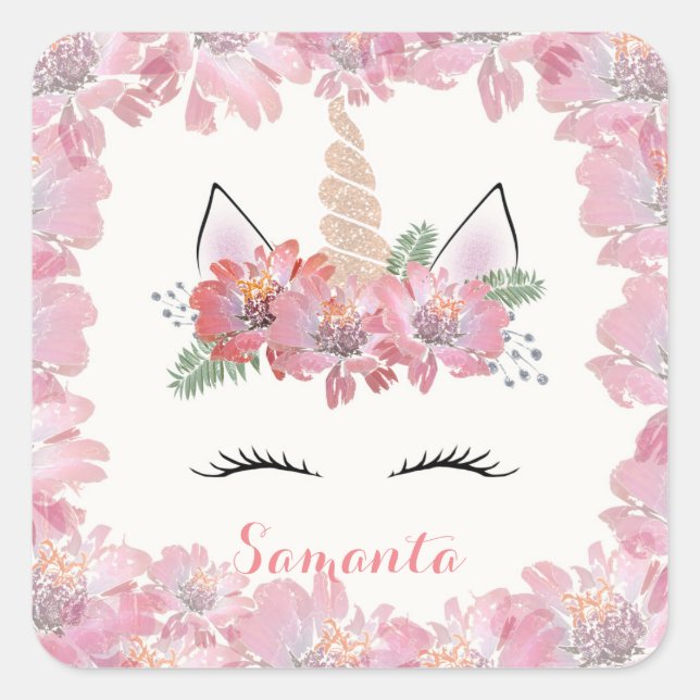 Einhorn, Einhorngesicht, personalisiert, mädchenha Quadratischer Aufkleber (Vorderseite)