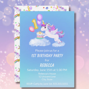 Einhorn-Einladung zum 1. Geburtstag mit Kuchen Einladung