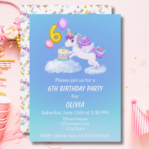 Einhorn-Einladung zum 6. Geburtstag mit Kuchen Einladung