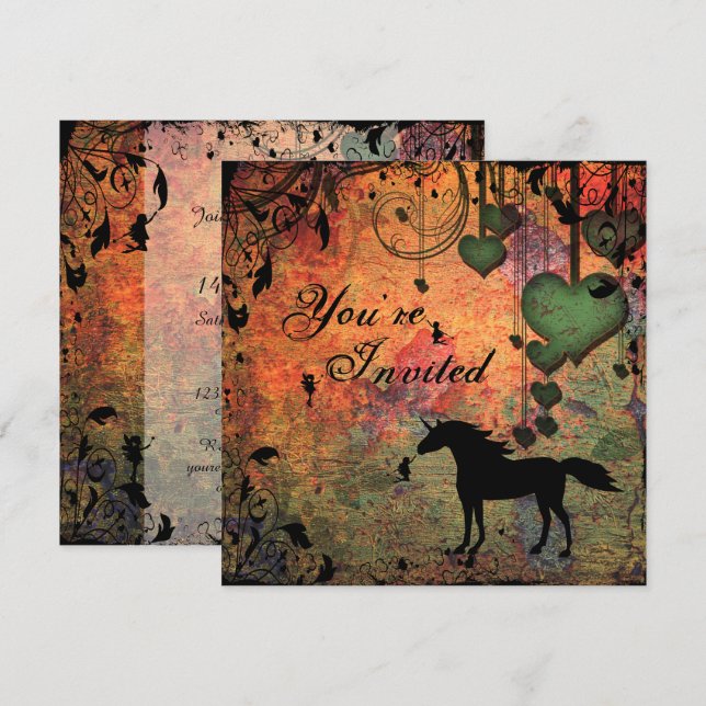 Einhorn, Fairies und Herzwald Einladung zum Geburt (Vorne/Hinten)