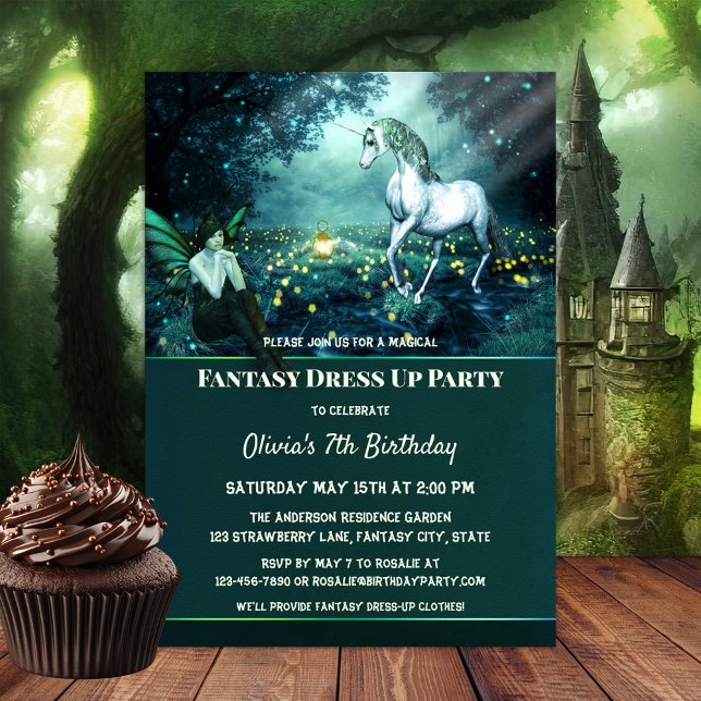 Einhorn Fantasy Dress Up Birthday Party Einladung (A magical birthday party invitation featuring an enchanted garden scene with a fairy and unicorn.)