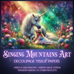 Einhorn-Fantasy-Mädchen Farbige Floral-Dekupage  Seidenpapier
