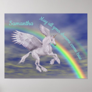 Einhorn fliegen über Regenbogen Träume Personalisi Poster