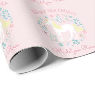 Einhorn Floral Blush Rosa Personalisierter Geburts Geschenkpapier