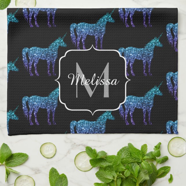Einhorn-Funkeln aqua-blaue Ombre-Muster-Monogramm Geschirrtuch (Gefaltet)