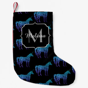 Einhorn-Funkeln aqua-blaue Ombre-Muster-Monogramm Kleiner Weihnachtsstrumpf