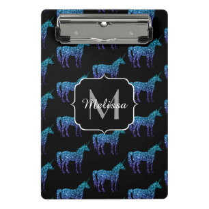 Einhorn-Funkeln aqua-blaue Ombre-Muster-Monogramm Mini Klemmbrett