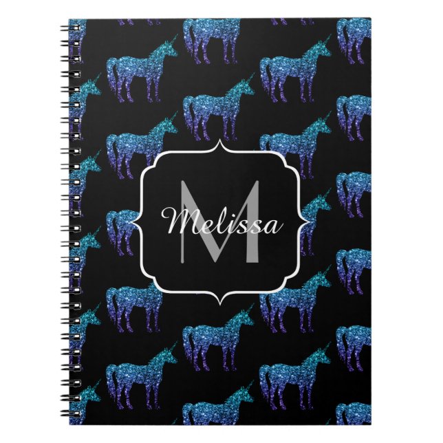 Einhorn-Funkeln aqua-blaue Ombre-Muster-Monogramm Notizblock (Vorderseite)