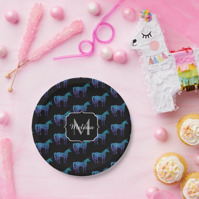 Einhorn-Funkeln aqua-blaue Ombre-Muster-Monogramm Pappteller (Party)