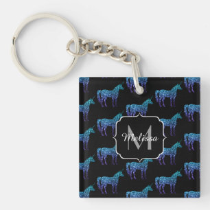 Einhorn-Funkeln aqua-blaue Ombre-Muster-Monogramm Schlüsselanhänger