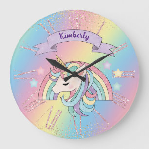 Einhorn & Funkelnder Regenbogen Gold Glitter Indiv Große Wanduhr