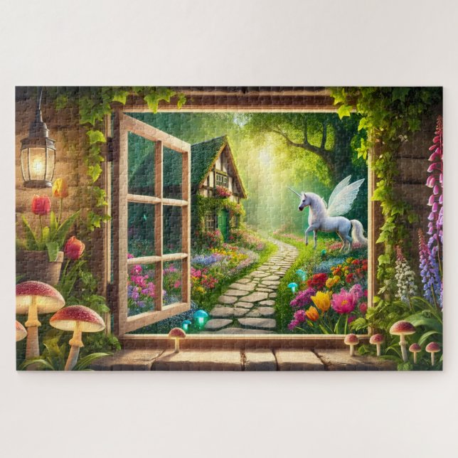 Einhorn-Garten-Fensterszene Pegasus-Geschenk Puzzle (Horizontal)