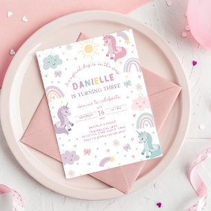 Einhorn Geburtstag Einladung drei. Pastel Party
