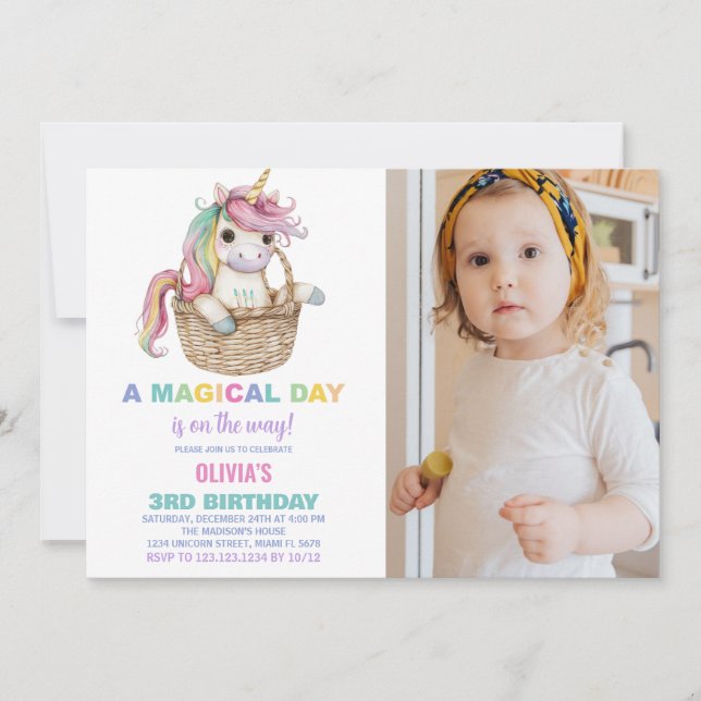 Einhorn Geburtstag Einladung mit Foto (Vorderseite)
