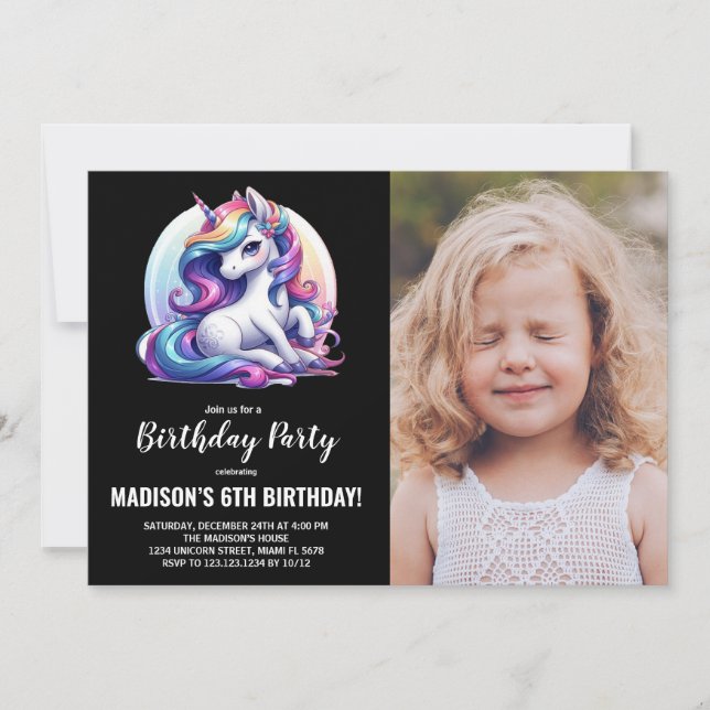 Einhorn Geburtstag Einladung mit Foto (Vorderseite)