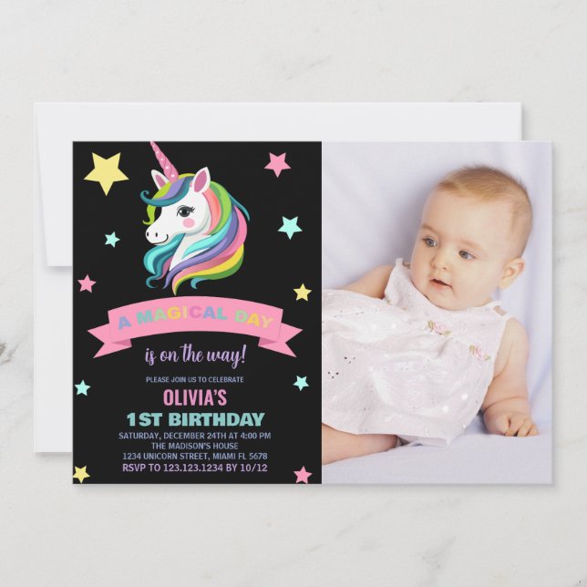 Einhorn Geburtstag Einladung mit Foto (Vorderseite)