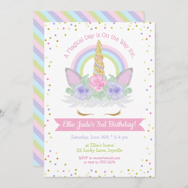 Einhorn Geburtstag Einladung Rosa & Lila Regenboge (Vorne/Hinten)