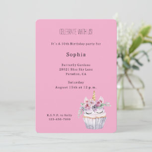 Einhorn-Geburtstag mit rosa floralem Cupcake Einladung