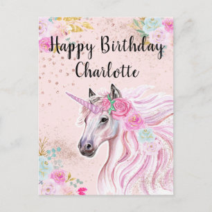Einhorn Geburtstag Rosa Türkis Floral Benutzerdefi Postkarte