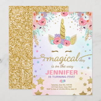 Einhorn-Geburtstags-Einladungs-Rosa-Gold magisch Einladung