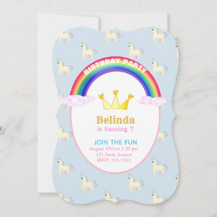 Einhorn-Geburtstagsfeier mit Regenbogen und Krone Einladung