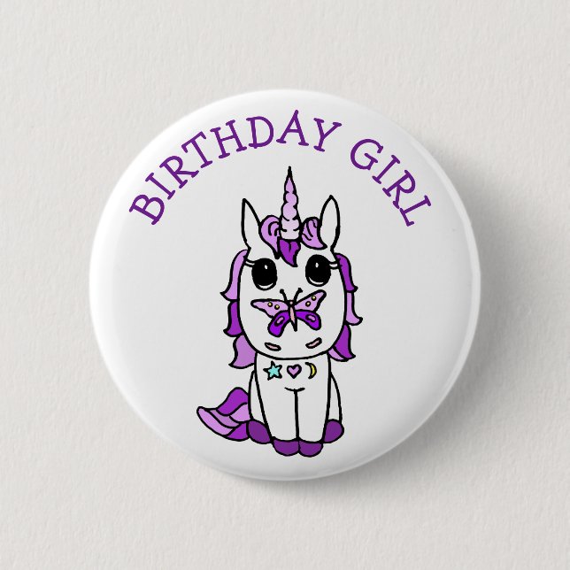 Einhorn-Geburtstagsmädchen Lila Button (Vorderseite)