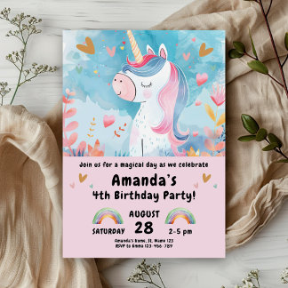 Einhorn Geburtstagsparty für Mädchen Pink Einladung