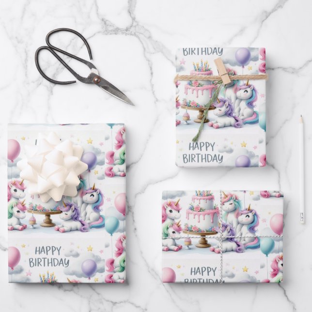 Einhorn Geburtstagsthema Geschenkpapier Set (Vorderseite)