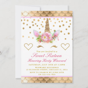 Einhorn Gesicht Rosa Gold Konfetti Sweet 16 Einladung