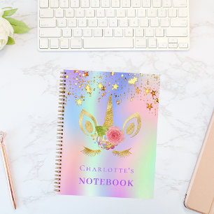 Einhorn Gesicht rosa goldene Sterne holografisch Notizbuch