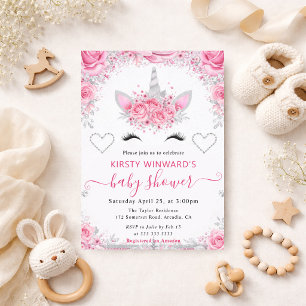 Einhorn Gesicht Rosa Silber Baby Shower Quadrat Einladung