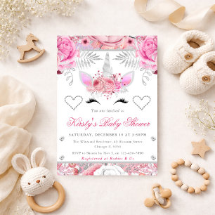 Einhorn Gesicht Rosa Silber Baby Shower Quadrat Einladung