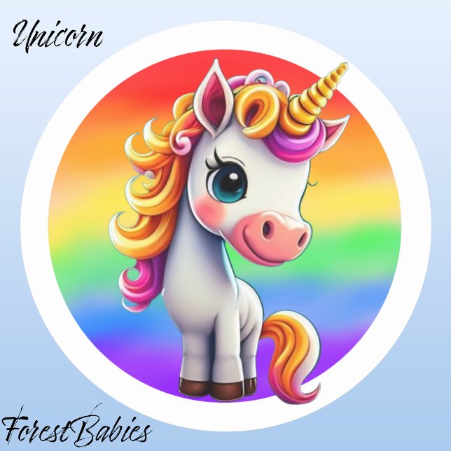 Einhorn 🌈 🦄 Girly Animal, farbenfrohe Regenbogen Runder Aufkleber (Unicorn, Rainbow ForestBabies Sticker)