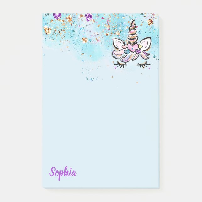 Einhorn Glitzer Face Pink und Lila Magische Girls Post-it Klebezettel (Vorderseite)