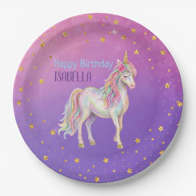 Einhorn Glitzer Mädchen Geburtstag Pappteller (Vorderseite)