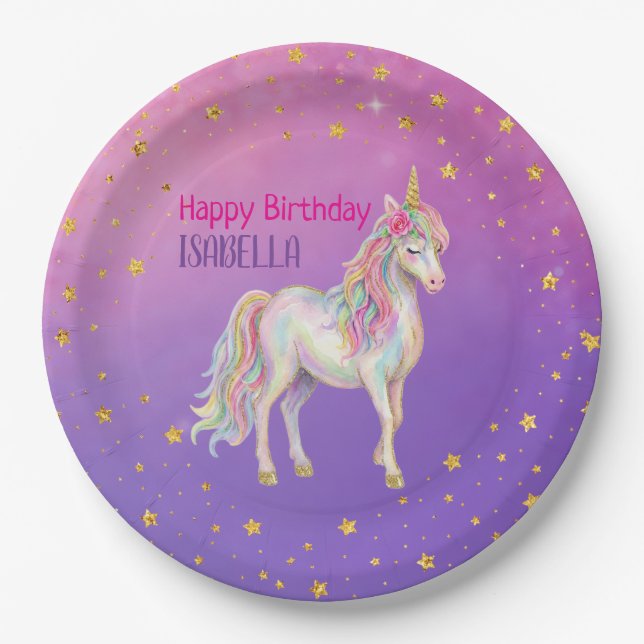 Einhorn Glitzer Mädchen Geburtstag Pappteller (Vorderseite)