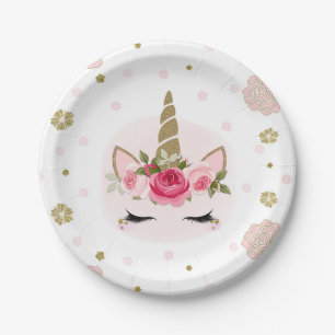 Einhorn Gold Rosa Florale Blüten Süße Modische Par Pappteller