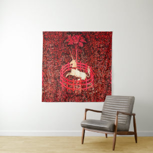 EINHORN GOTISCHE FANTASIE BLUMEN, ROTE BLUMENMOTIV WANDTEPPICH