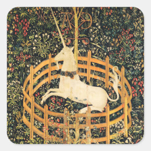 EINHORN GOTISCHE FANTASIEBLUMEN, BLUMENMOTIVE Grün Quadratischer Aufkleber