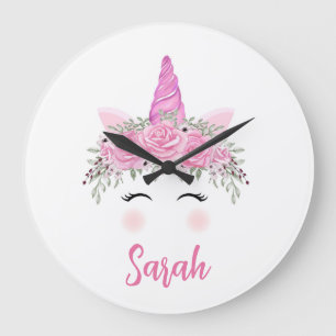 Einhorn-Großuhr mit rosa Namen personalisiert Große Wanduhr